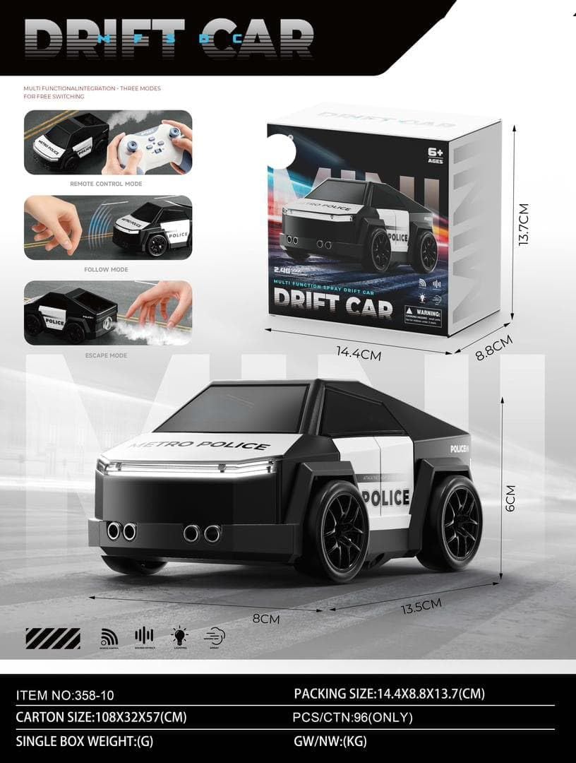 Vinny’s RC Drift Police Car – Mist Spray, Follow Me & Escape Mode | 360° Spin Smart Racing Car