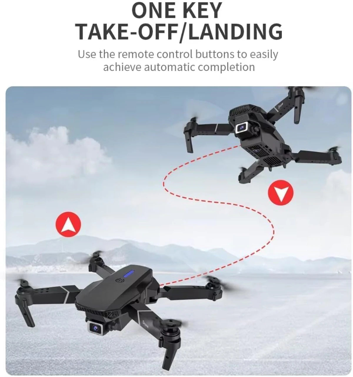 Two drones with a one key take-off/landing feature on a snowy landscape.