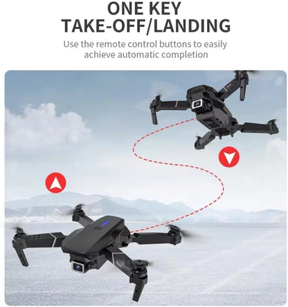 Two drones with a one key take-off/landing feature on a snowy landscape.
