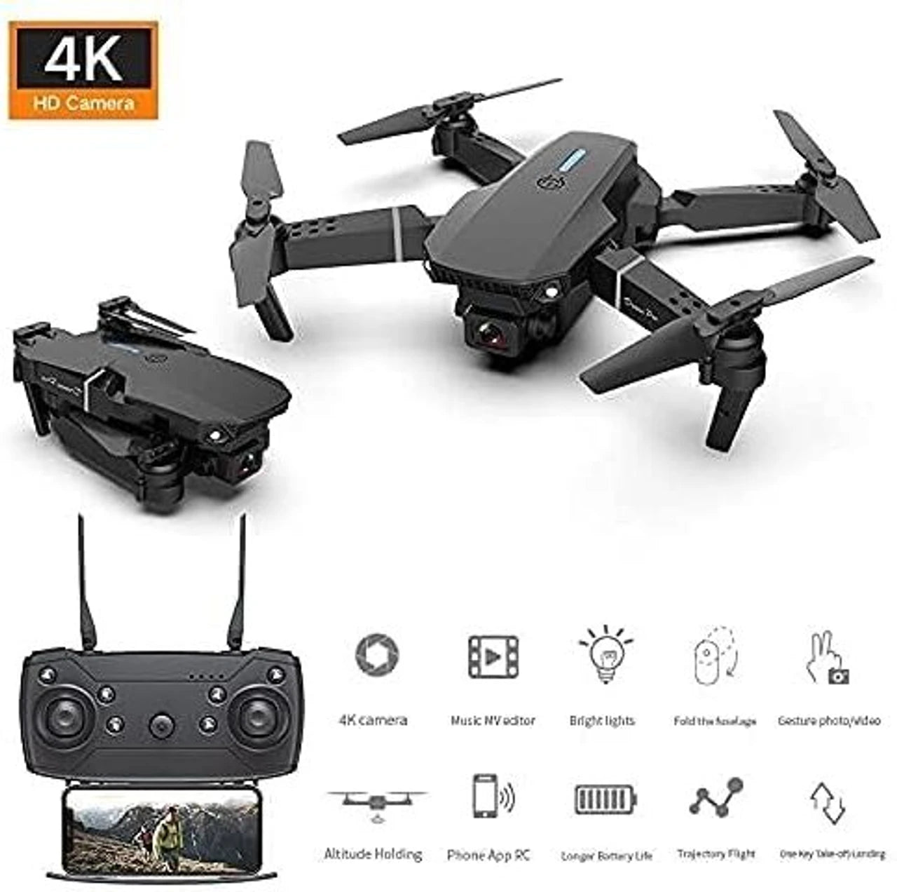 Black drone with 4K camera and remote control on a white background