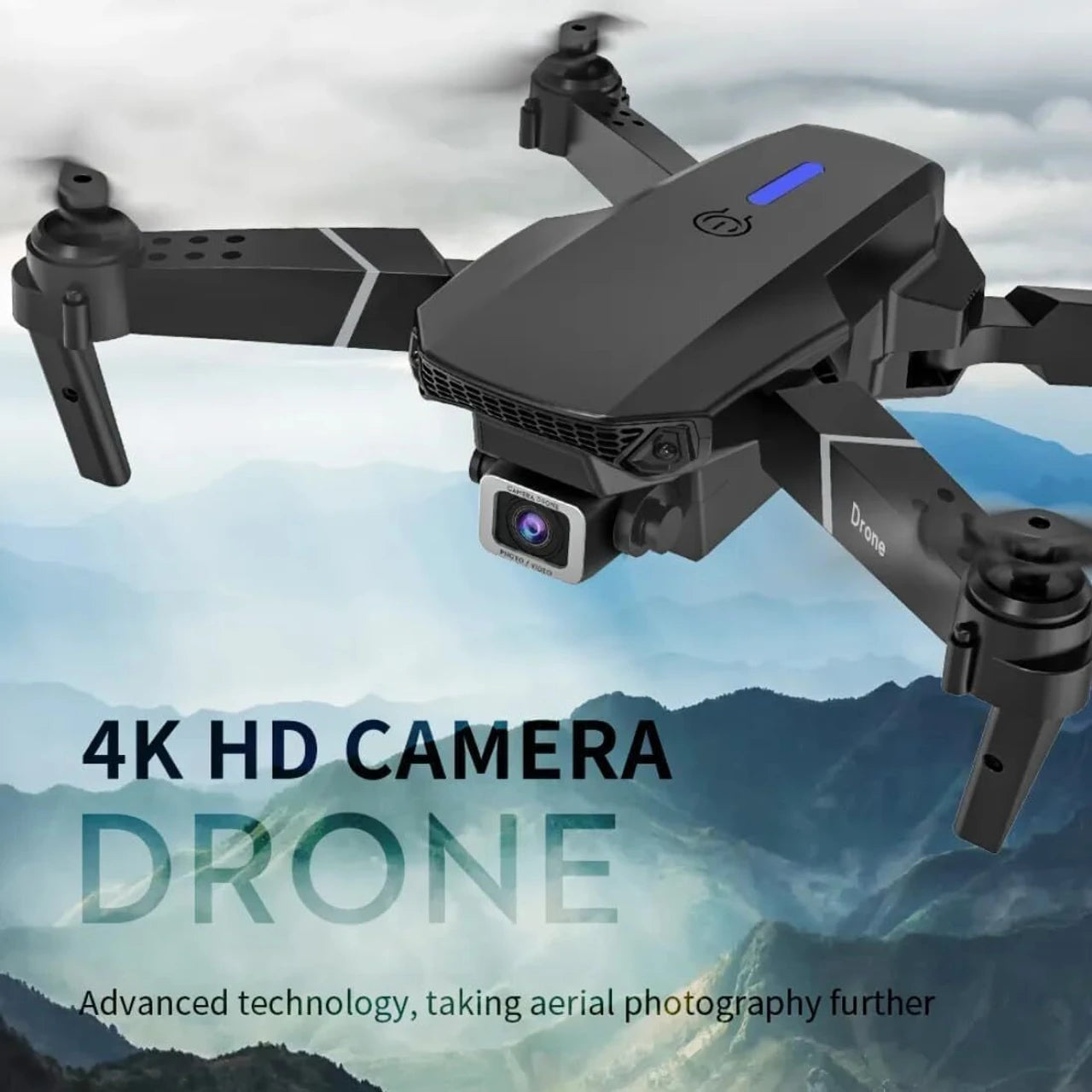 Black drone with 4K HD camera against a mountainous landscape background