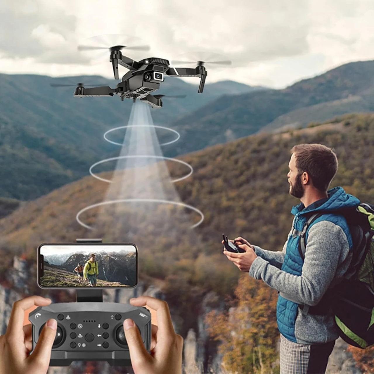 Person controlling a drone with a scenic background