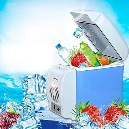 Portable refrigerator with food items on a blue background