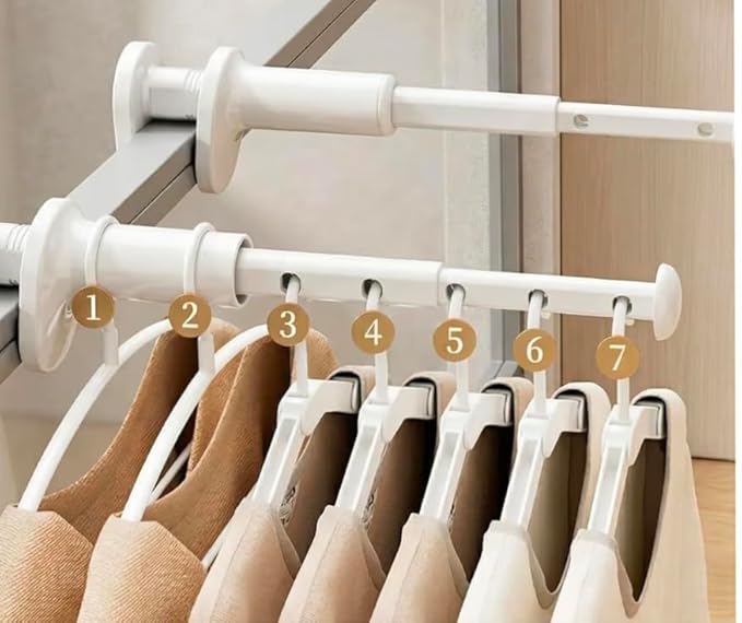 Extendable clothes hanger rod holding coats and garments on hangers