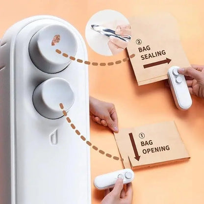White bag sealing device with instructions on a peach background