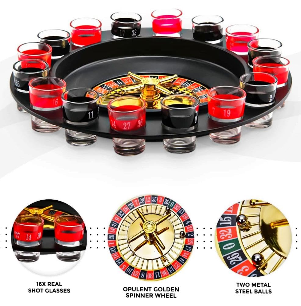 Alcohol game set with shot glasses and a roulette wheel on a white background