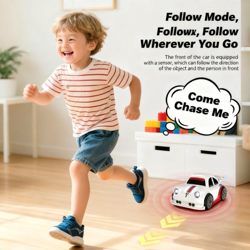 Child running with a toy car following mode feature in a room.