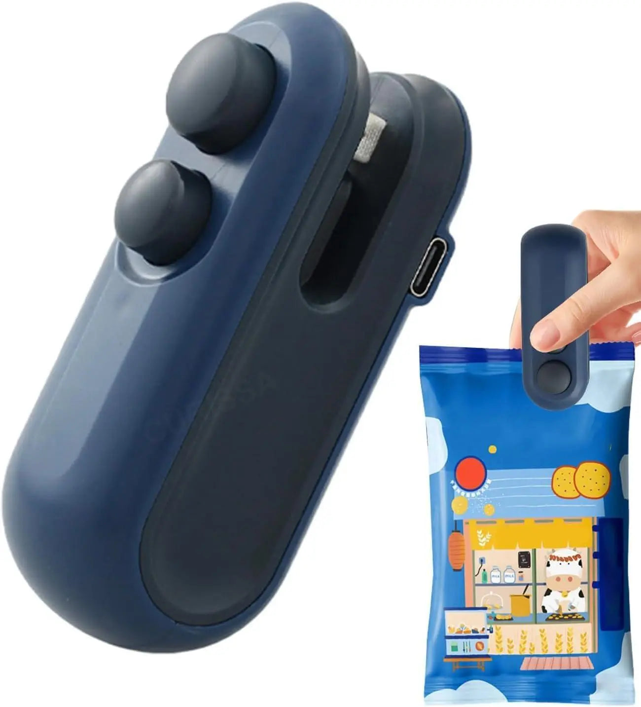 Blue handheld device with USB-C port and a hand holding it above a package with cartoon designs.