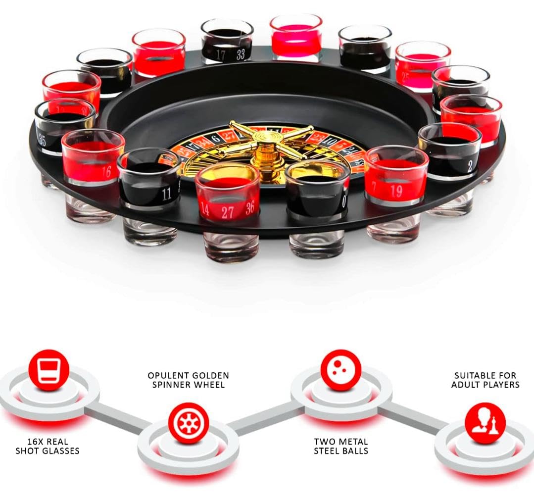 Alcohol-themed roulette game with shot glasses and metal balls on a white background