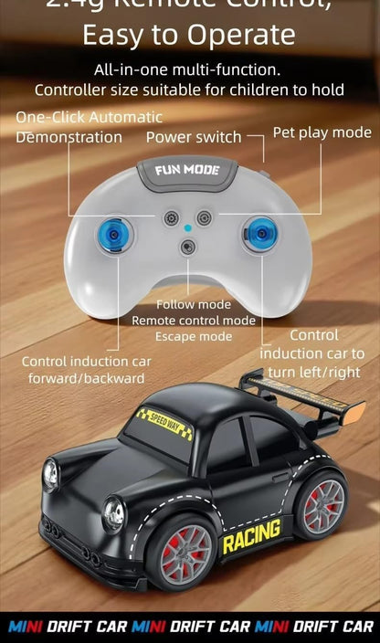 Remote control car with a controller on a wooden surface, highlighting features.