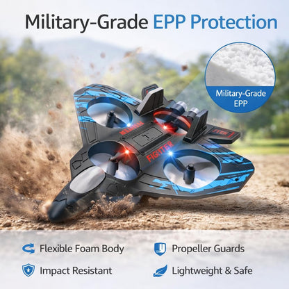 Toy drone with military-grade EPP protection features on a dirt surface