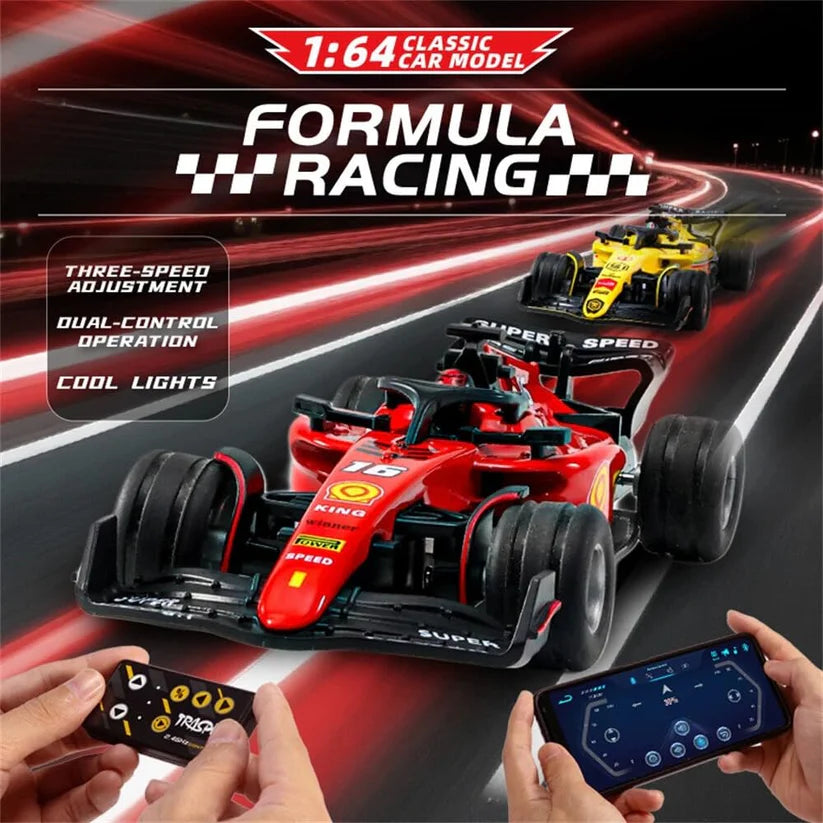 Formula racing model cars with remote controls on a racetrack, featuring text about features like three-speed adjustment and cool lights.