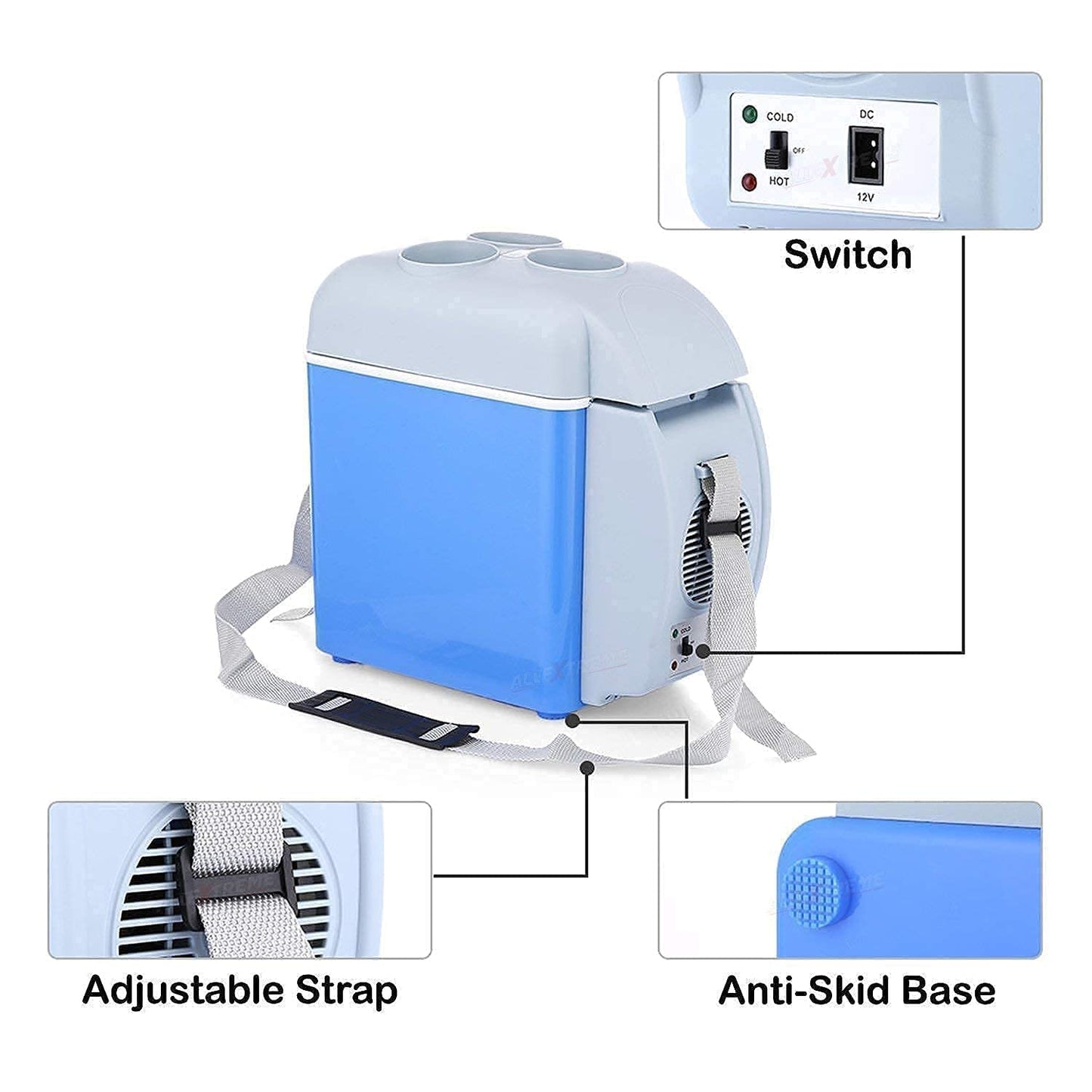 Blue and white cooler with labeled features on a white background