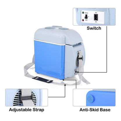 Blue and white cooler with labeled features on a white background