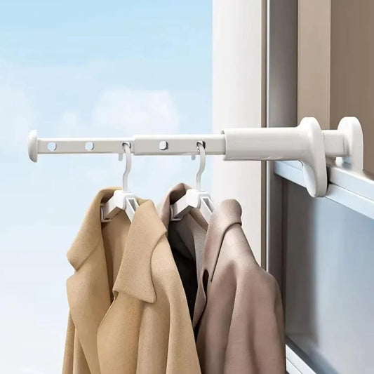 Adjustable telescopic clothes hanging rod with clamp mount for wardrobe and laundry organization