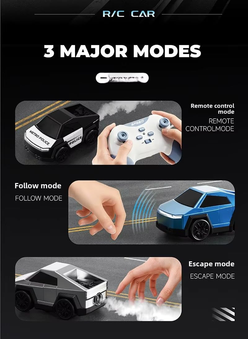 Advertisement for an RC car with three major modes: remote control, follow, and escape mode.