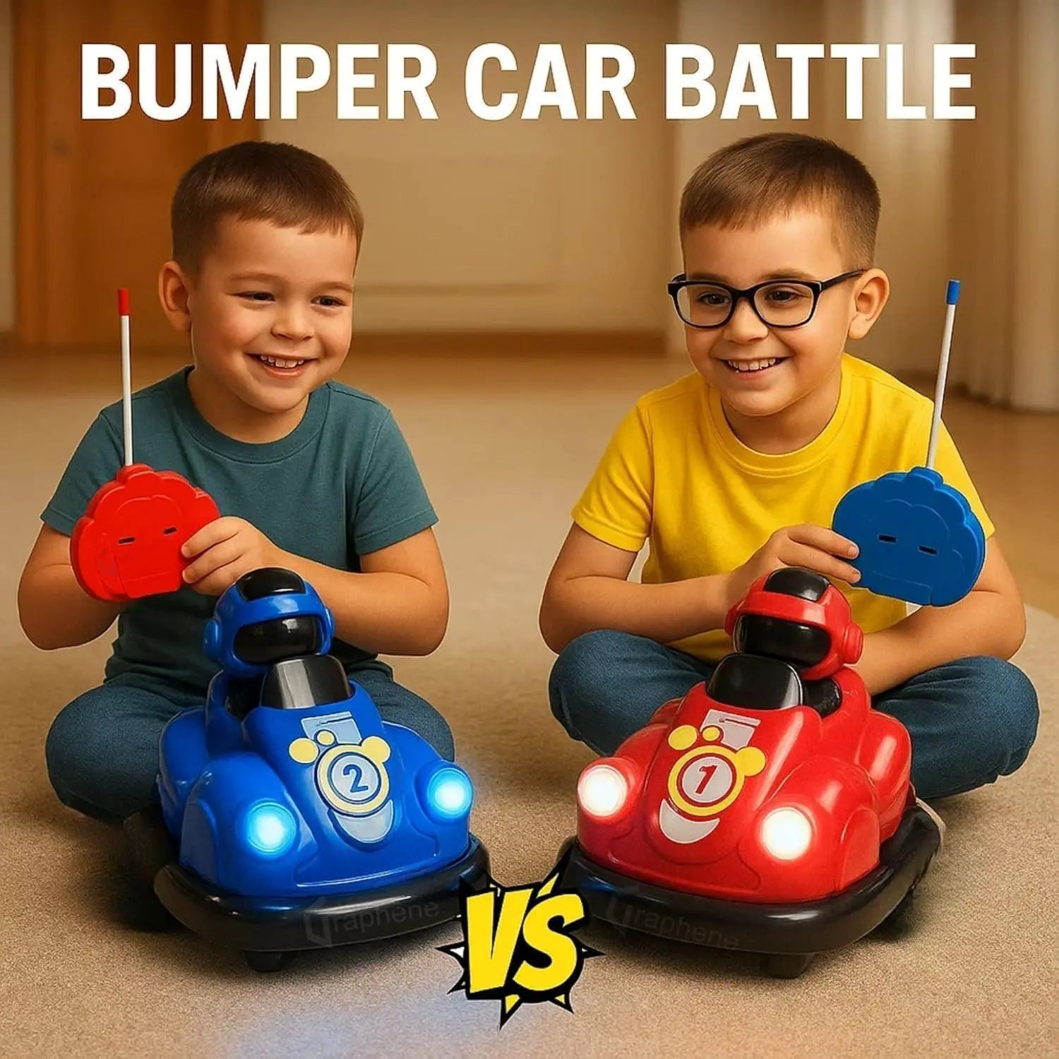 Two children playing with toy bumper cars labeled 'Bumper Car Battle'.
