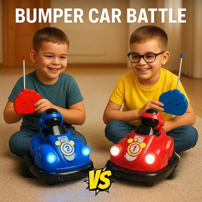 Two children playing with toy bumper cars labeled 'Bumper Car Battle'.