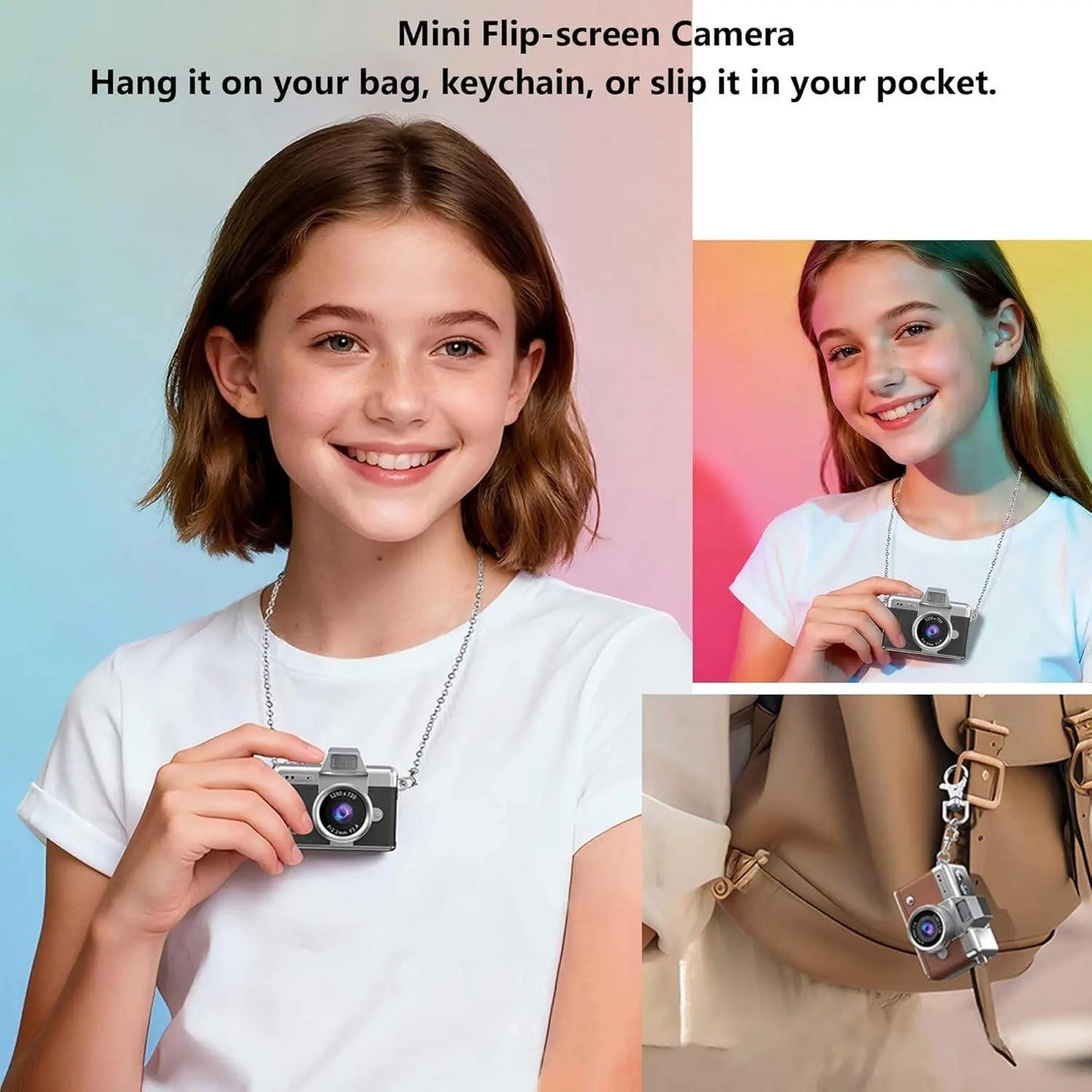 Mini flip-screen camera necklace and keychain for kids, shown worn and attached to bag.