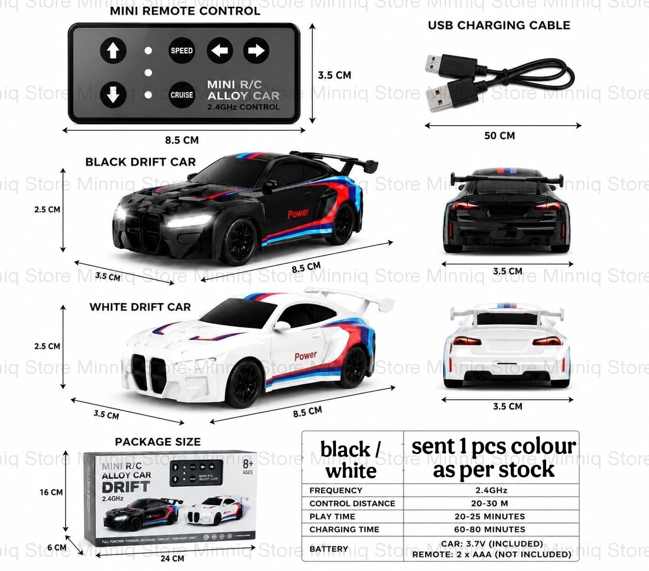 Measurement chart of a mini remote control car set with black drift car, white drift car, and USB charging cable.