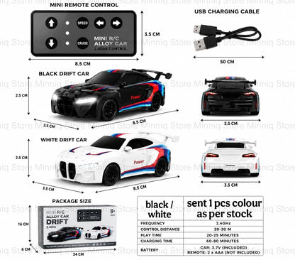 Measurement chart of a mini remote control car set with black drift car, white drift car, and USB charging cable.