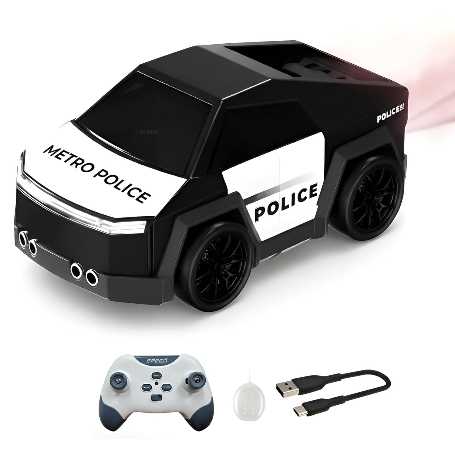 Toy police car with remote control and USB cable on a white background