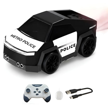 Toy police car with remote control and USB cable on a white background