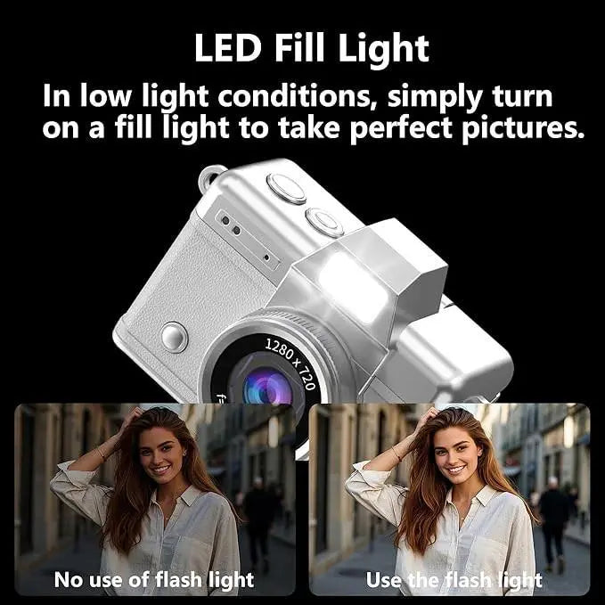 Digital camera with LED fill light feature, showing flash on and off photo comparison for low light photography.