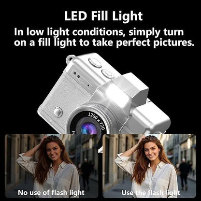 Digital camera with LED fill light feature, showing flash on and off photo comparison for low light photography.
