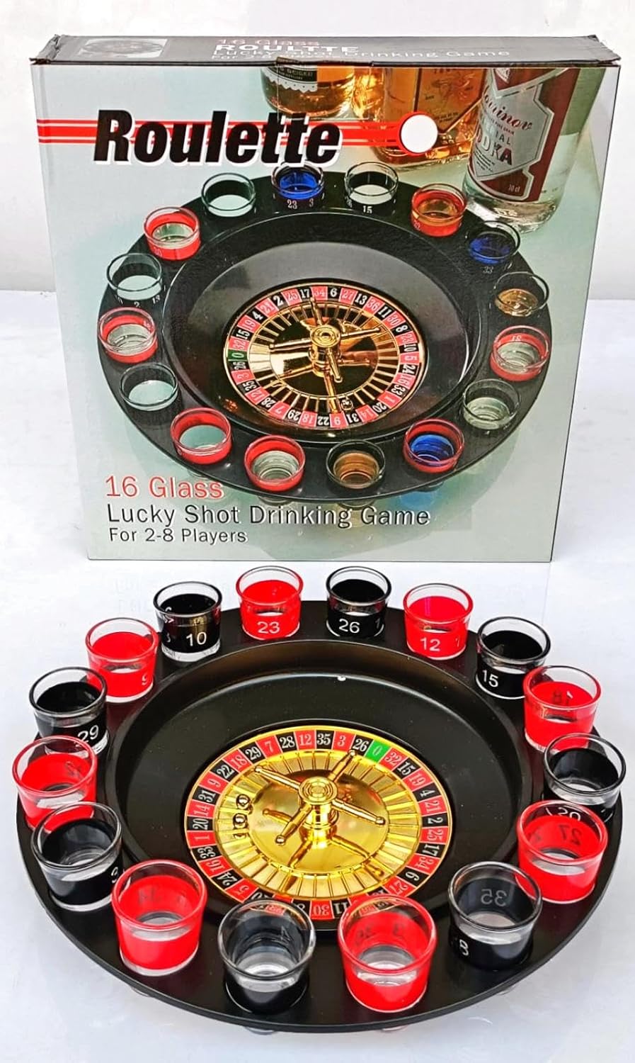 Roulette-themed drinking game set with shot glasses and a roulette wheel on a white background.