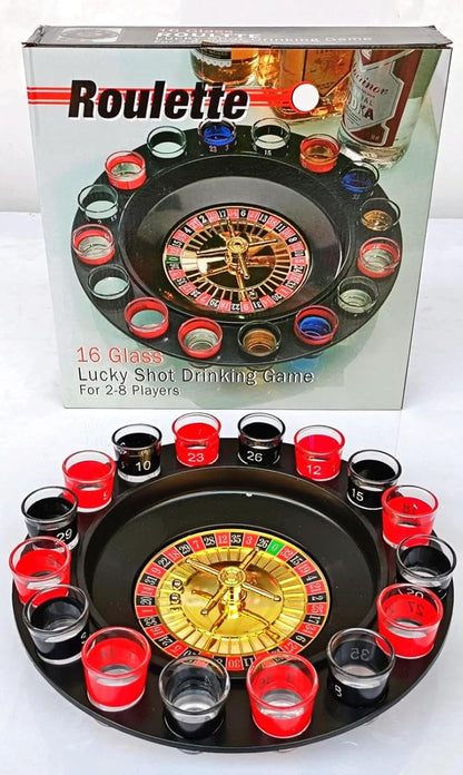 Roulette-themed drinking game set with shot glasses and a roulette wheel on a white background.