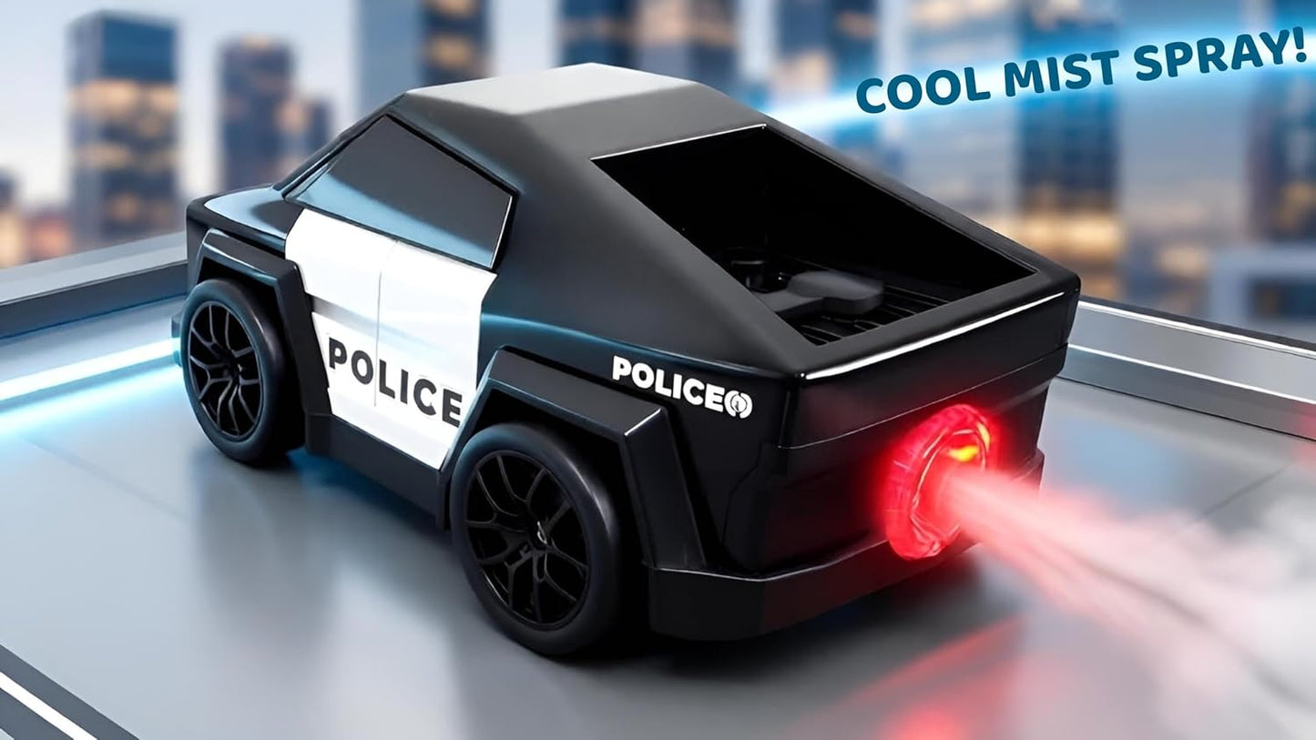 Toy police car with cool mist spray feature on a reflective surface.