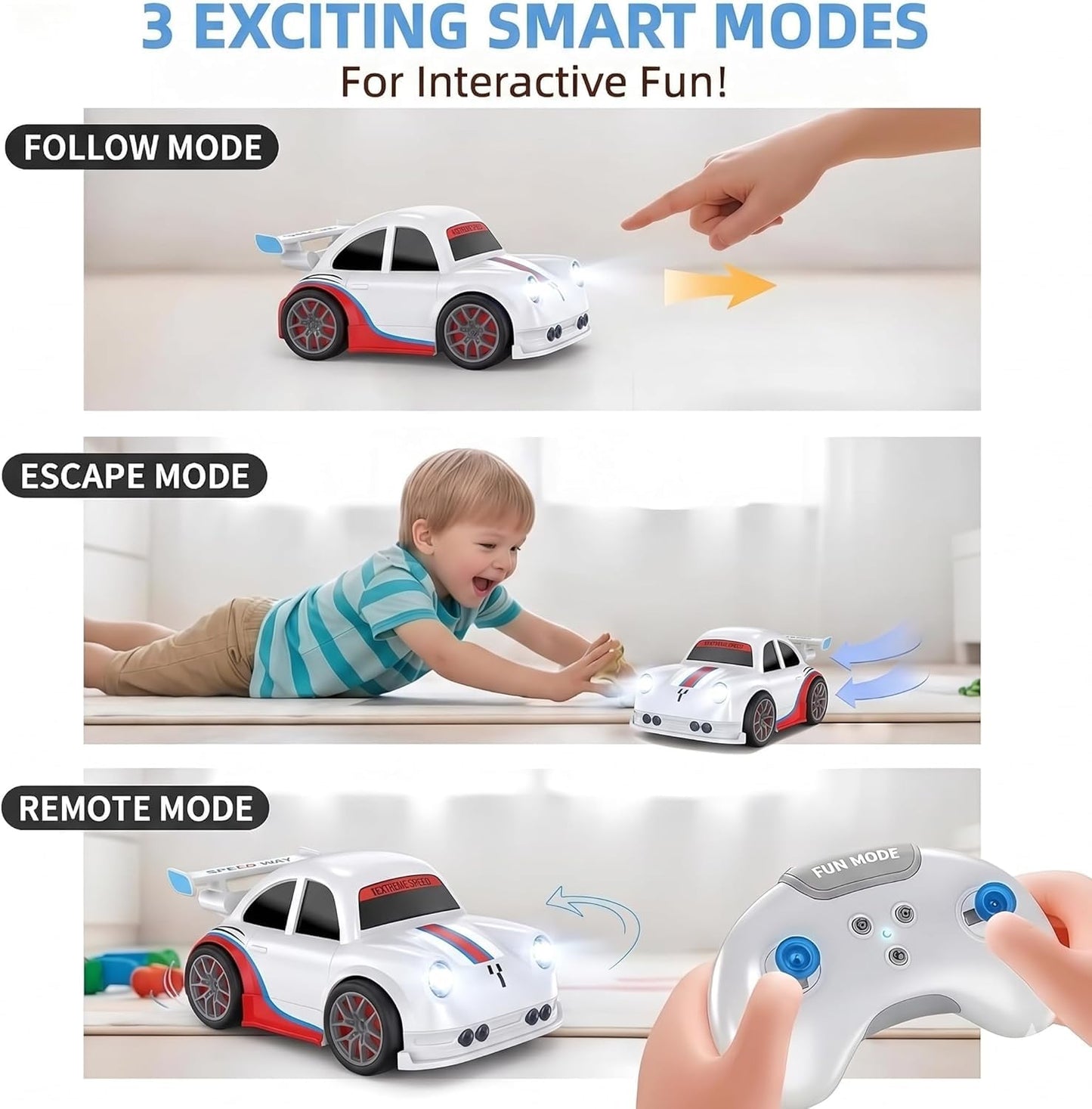 Toy car with remote control and modes for interactive play, including follow mode, escape mode, and remote mode.