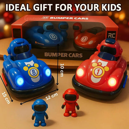 Two toy bumper cars, one blue and one red, with a box labeled 'Bumper Cars' and 'RC'. Two small figures, one blue and one red, are also shown.