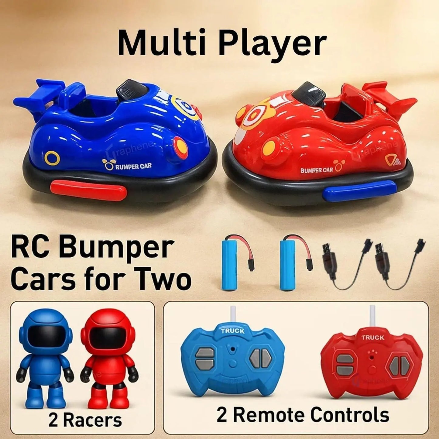 Two RC bumper cars with batteries and remote controls on a beige background