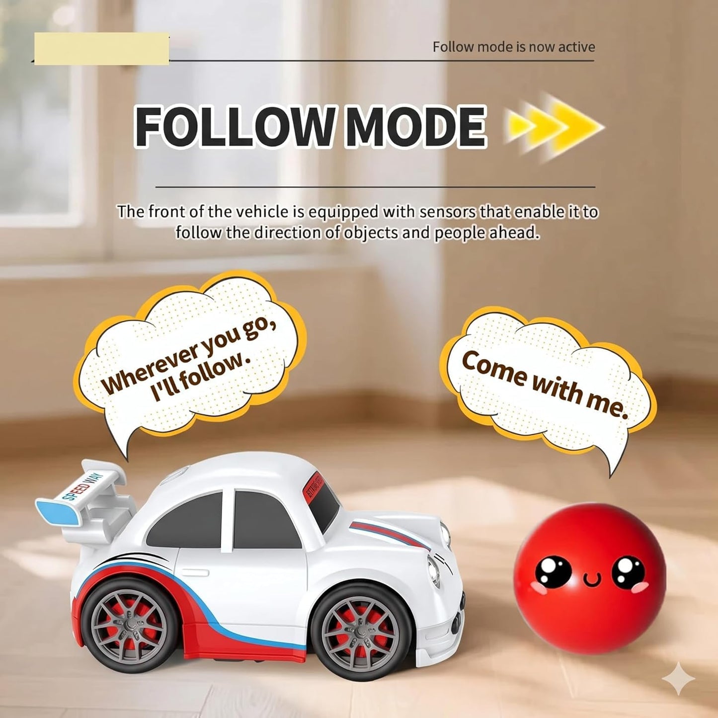 Toy car with sensors following a red ball on a wooden floor