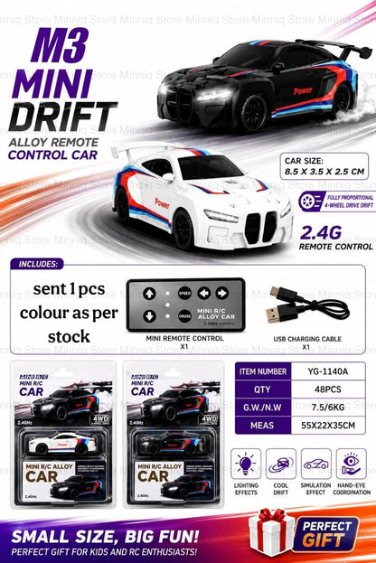M3 Mini Drift alloy remote control car packaging with specifications and included items.