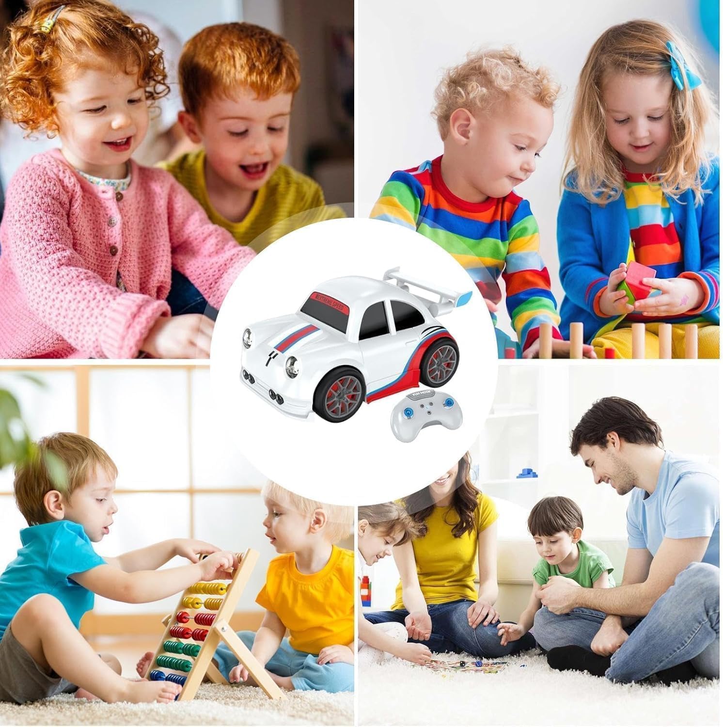 Collage of children playing with toys and a remote control car.