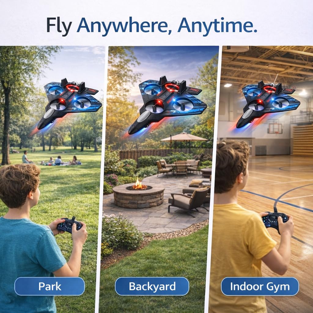 Collage of a drone flying in different settings with text 'Fly Anywhere, Anytime.'