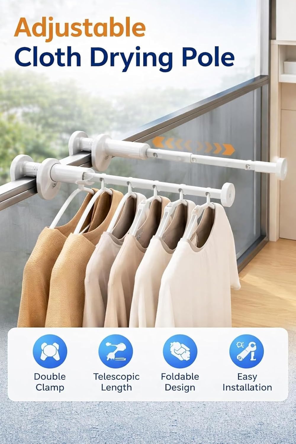 Adjustable wardrobe organizer rod with secure clamp and hanger hooks