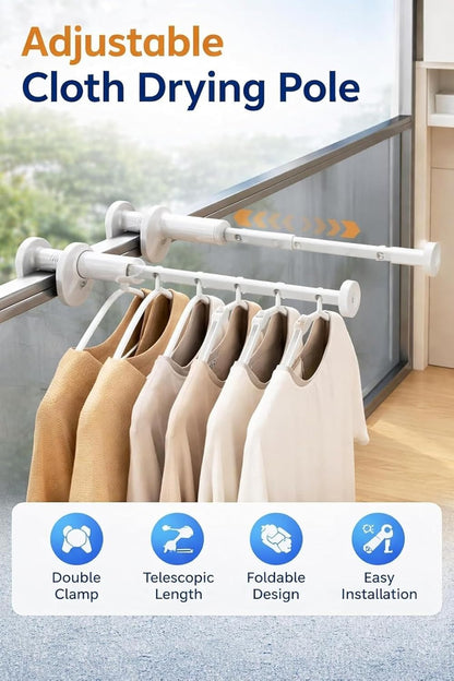 Adjustable wardrobe organizer rod with secure clamp and hanger hooks