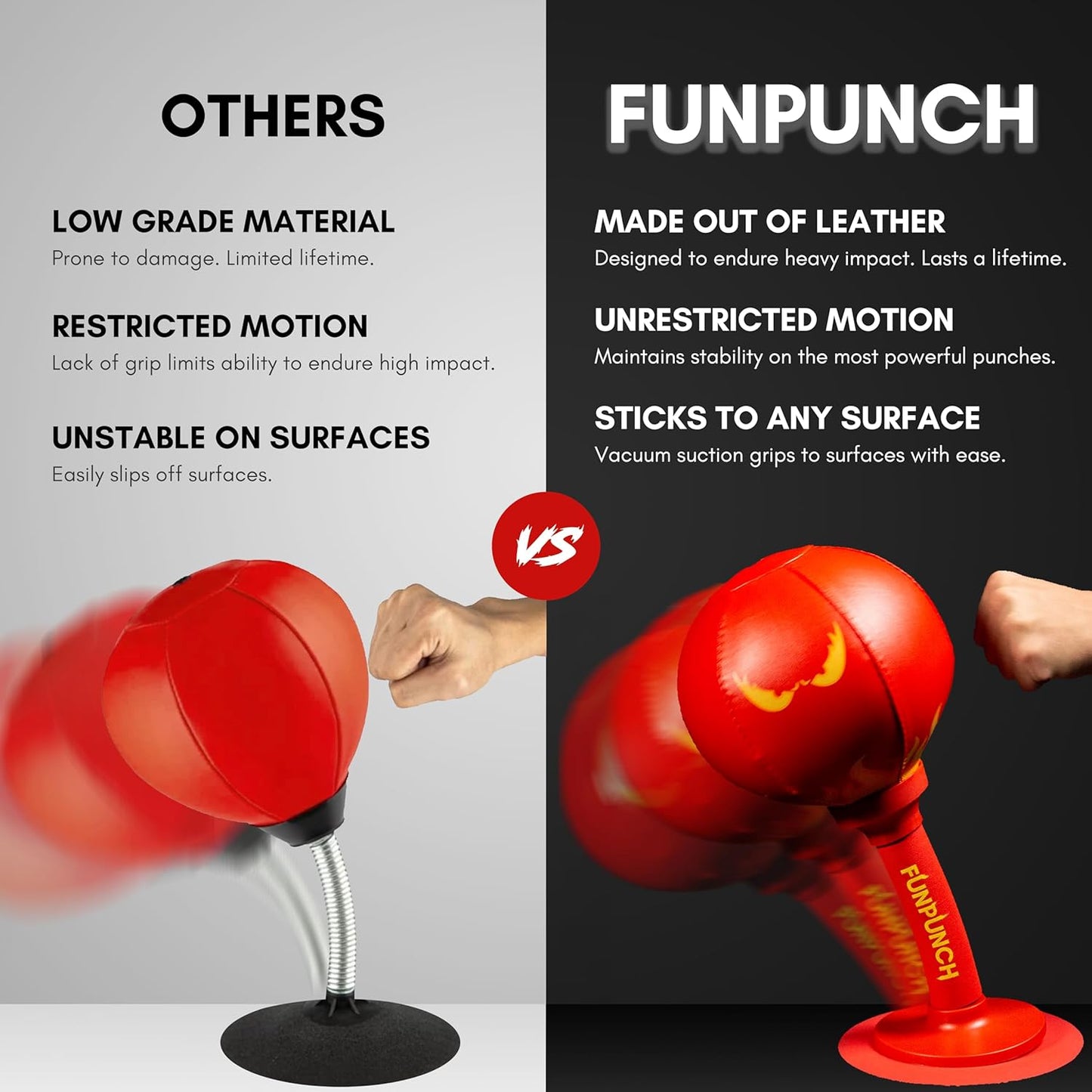 Comparison of a traditional punching bag and a FunPunch device with text highlighting differences.