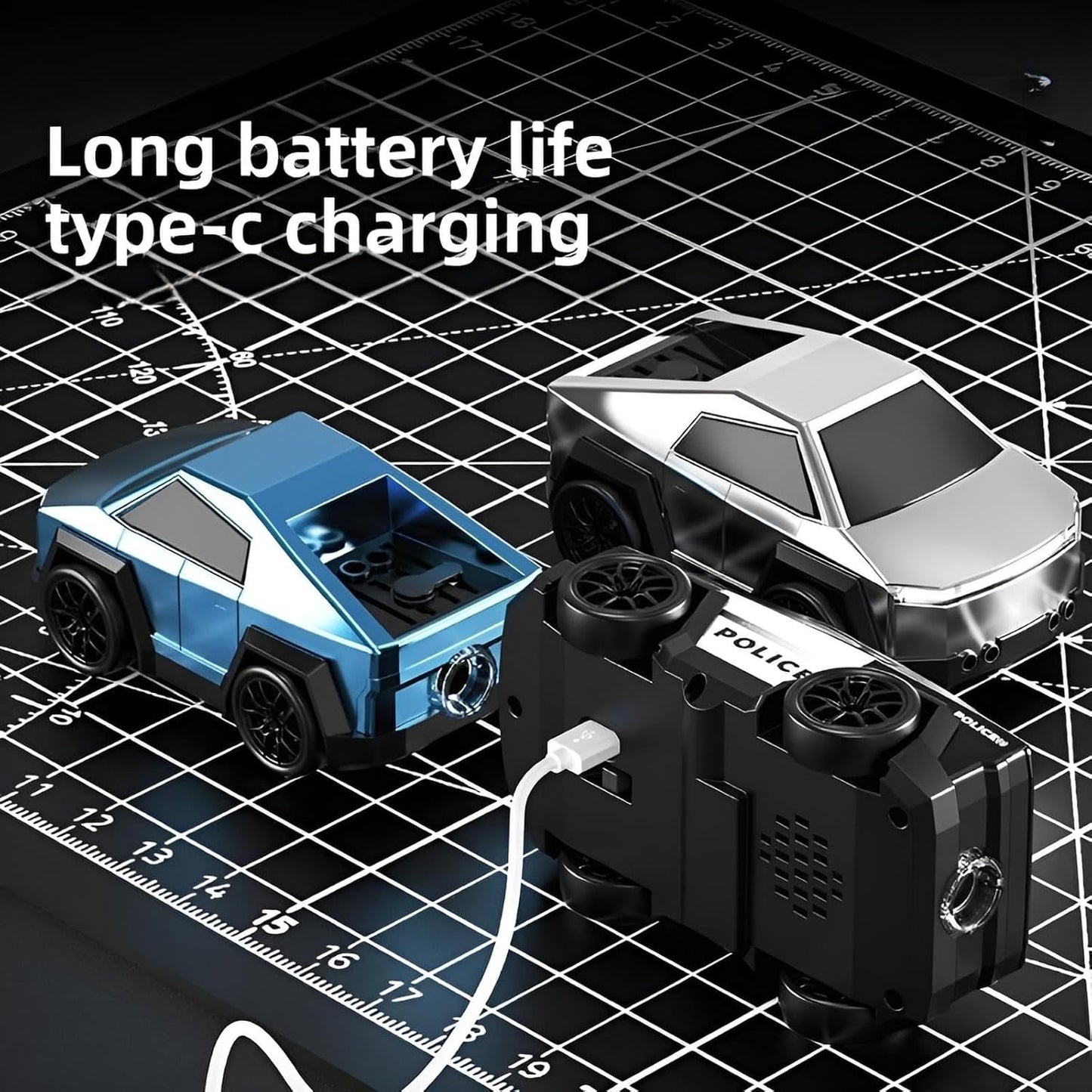 Two toy cars and a charging station on a grid surface with text 'Long battery life type-c charging'.