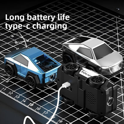 Two toy cars and a charging station on a grid surface with text 'Long battery life type-c charging'.