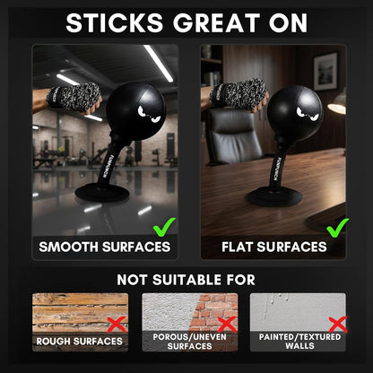 Product demonstration of a black punching bag with text indicating suitability on smooth and flat surfaces.