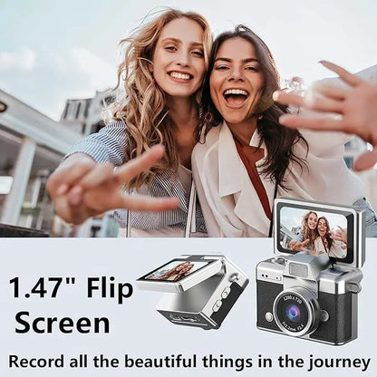 Digital camera with 1.47-inch flip screen taking selfies, perfect for vlogging and travel photography