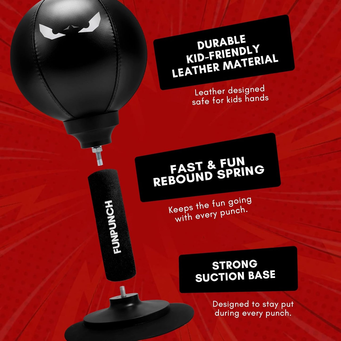 Black punching bag with features highlighted on a red background