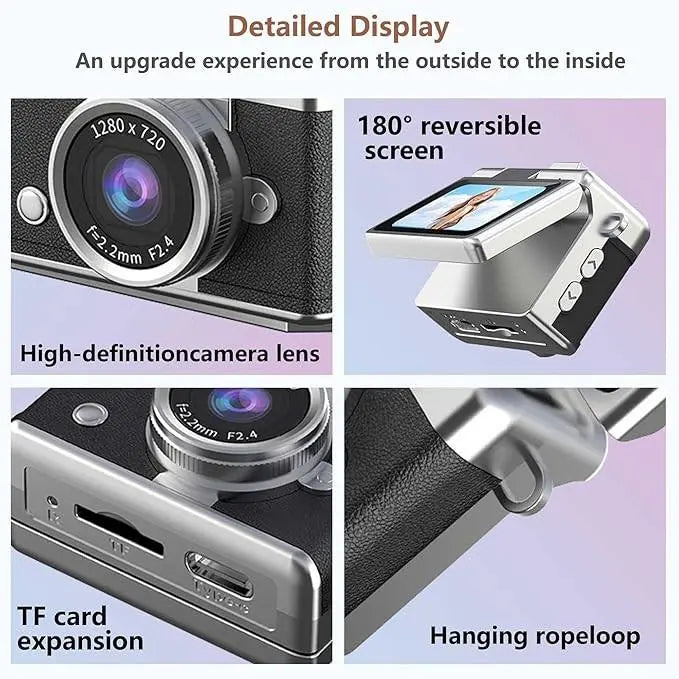 Digital camera with HD lens, 180° reversible screen, TF card slot, and hanging rope loop.