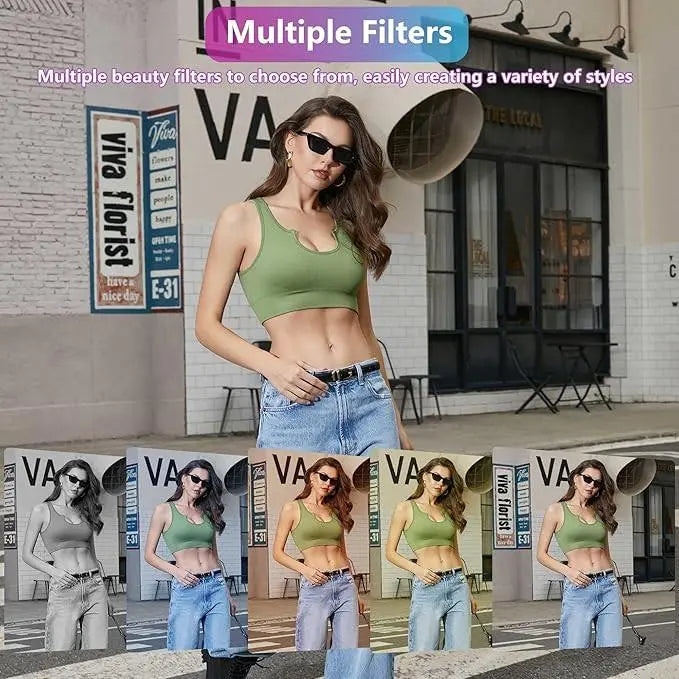 Woman in green crop top and jeans outdoors, shown with multiple photo filter effects applied.