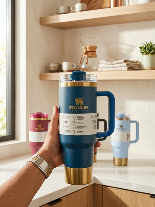 Stanley Quencher Flow state Gold Edition Stainless Steel Vacuum Insulated Tumbler (40 oz). Royal Blue